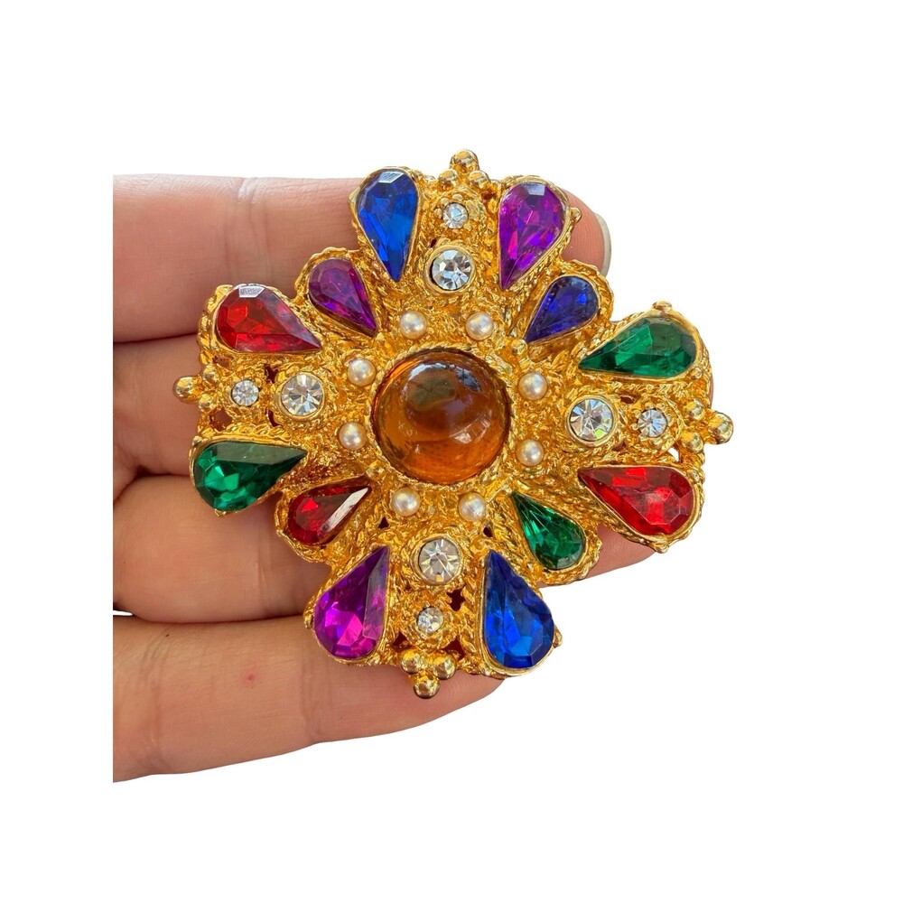 Vintage Unsigned Royal Multi-color Rhinestone Brooch / Pin Ornate metal